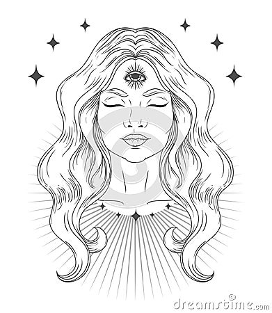 Poster with spiritual woman with third eye Vector Illustration